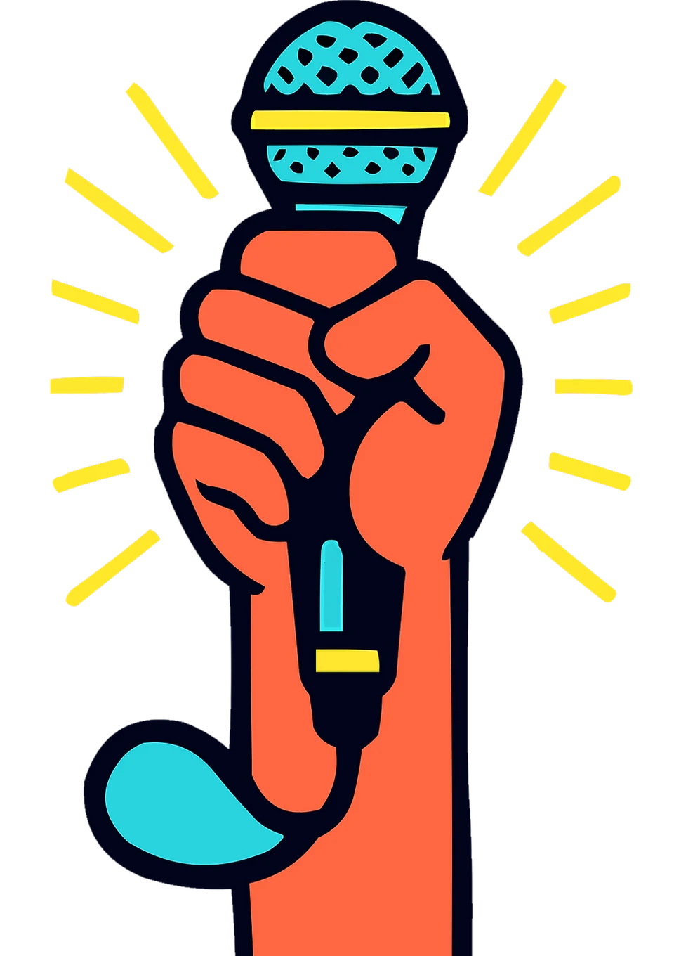 A raised fist gripping a microphone, rays of light bursting around it